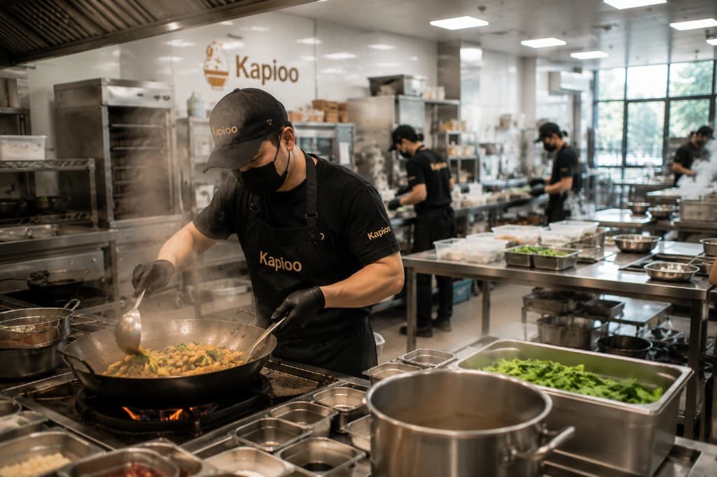Kapioo chef stir-frying in a commercial wok with steam rising