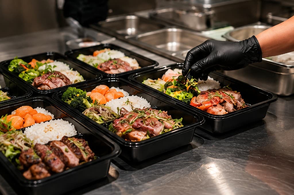 Kapioo team plating meals in containers on a stainless counter, garnishing with care