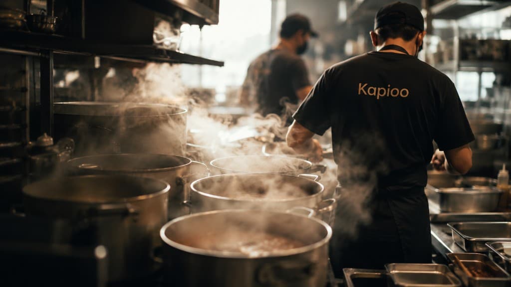 Kapioo commercial kitchen at dawn—steaming stockpots on the stove and a chef in Kapioo black shirt and cap, viewed from behind