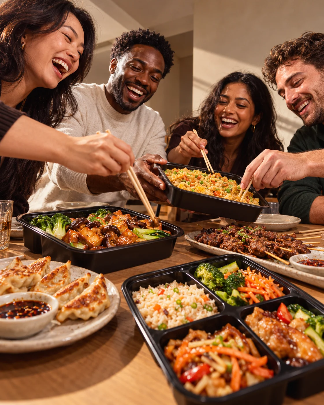 Illustrative scene of a diverse group of friends sharing Asian-inspired catering dishes around a table