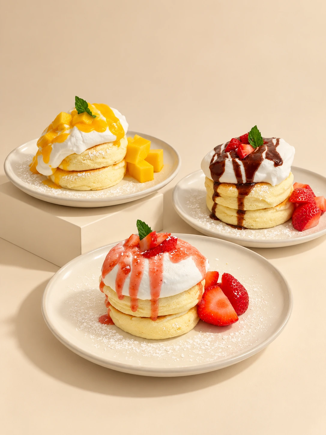 Fluffy Japanese pancakes with mango, strawberry, and chocolate toppings